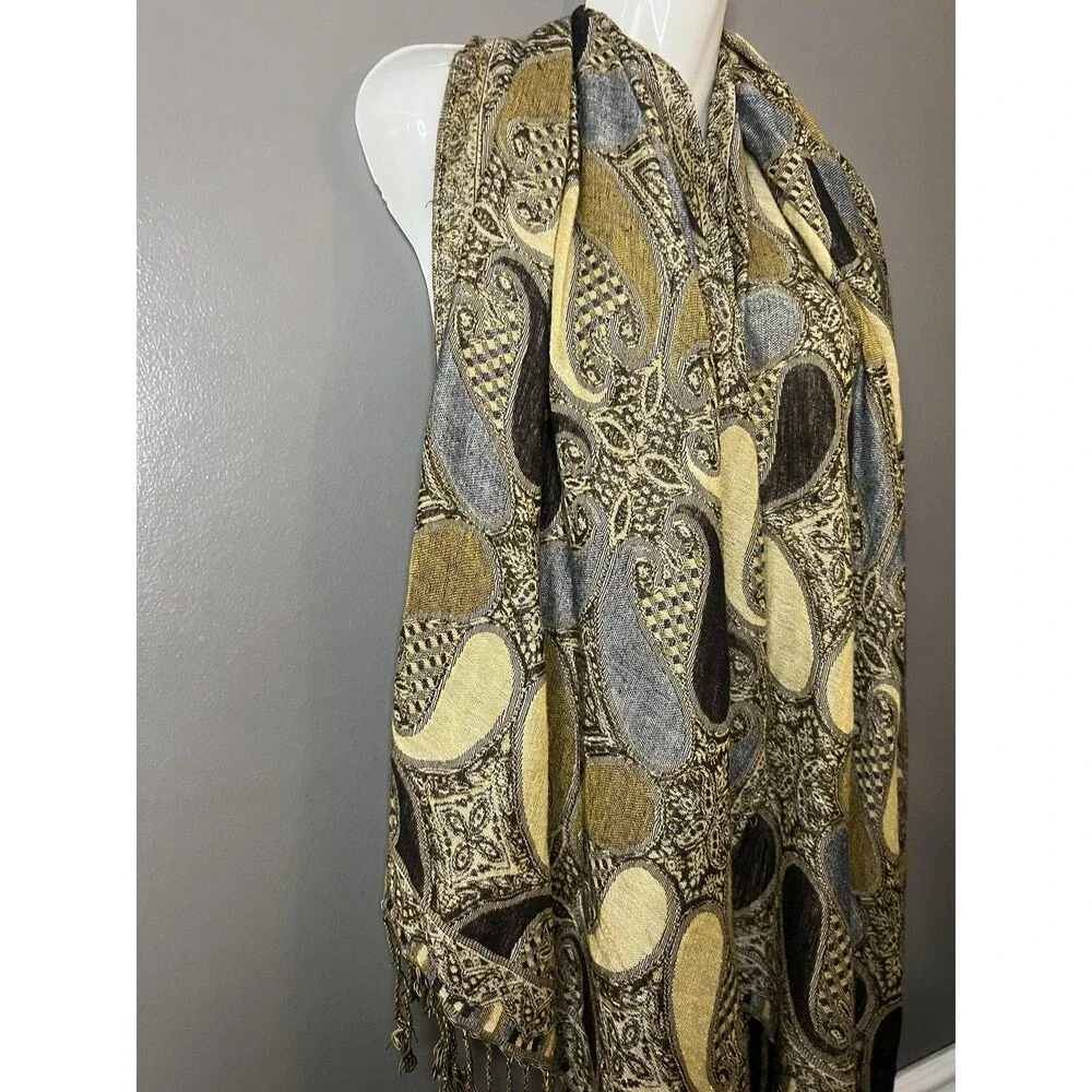 Pashmina Scarf Womens Gold Gray Paisley Cashmere Silk Wrap Shawl Made Italy